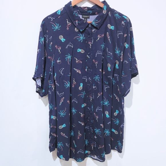 Torrid Womens Navy Blue Tropical Print Challis Button Up Blouse Size 4X Beach - Picture 1 of 11